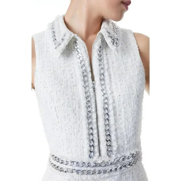 Alice + Olivia Womens White Ellis Chain Trim Tweed Collared Mini Dress S… - Picture 11 of 16